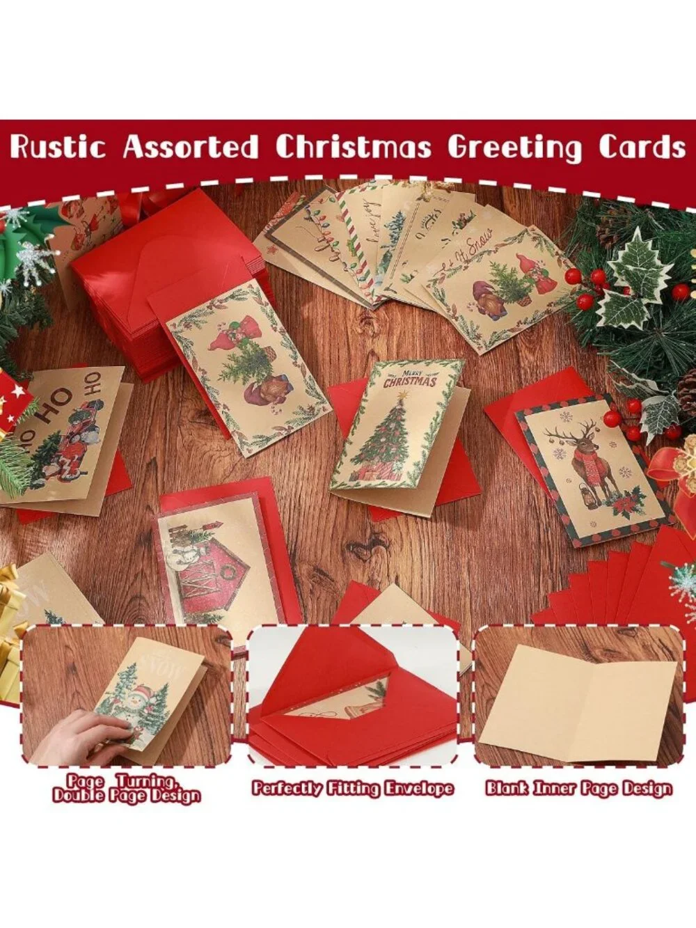 240 Sets Kraft Christmas Greeting Cards with Envelopes - Bulk Holiday Cards